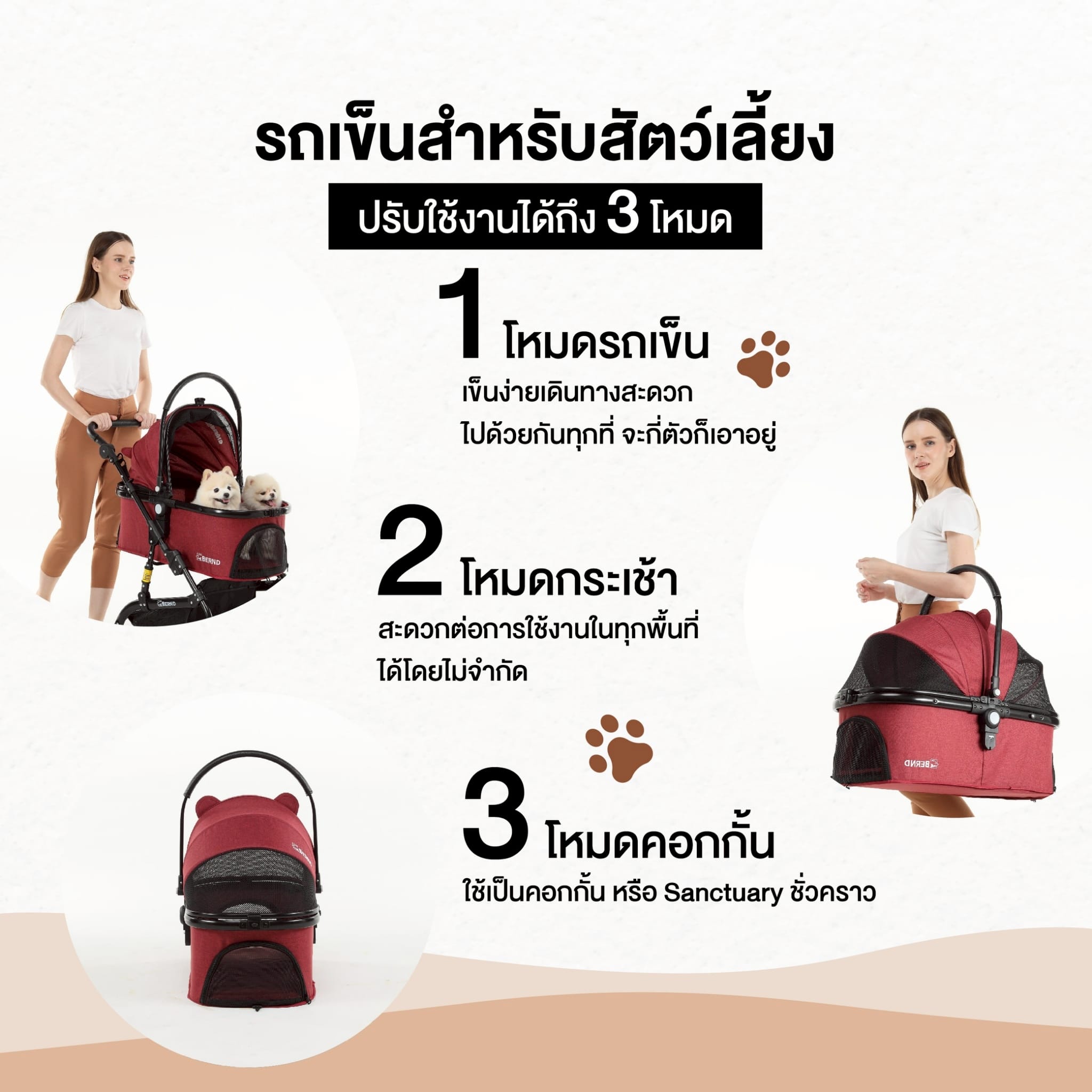 รถเข็นสำหรับสัตว์เลี้ยง 3 IN1 BERND รุ่น LUNA PET - BURGUNDY RED (LIMITED)_2